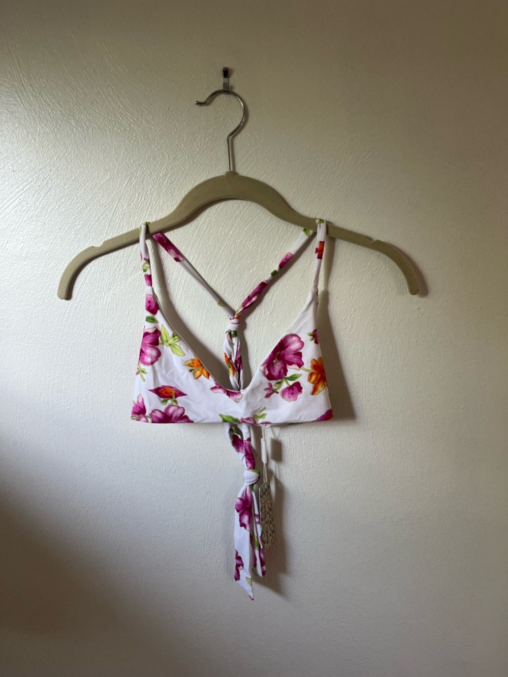 Frankie's Bikinis White Floral Tie-Back Bikini Top with Pink & Orange Flowers